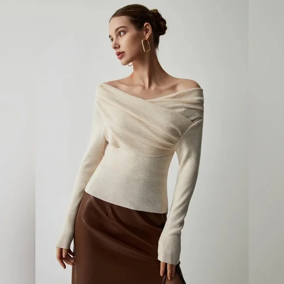 COMMENSE Off-Shoulder Cream Soft Knit Top - Picture 4 of 5